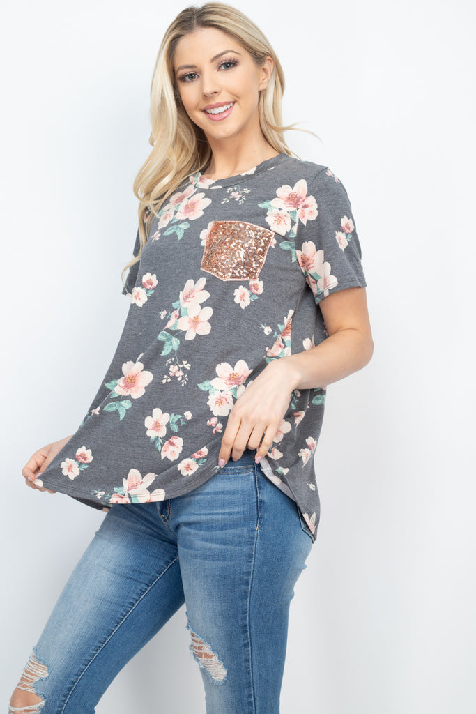 Lace Pocket Floral Print Top