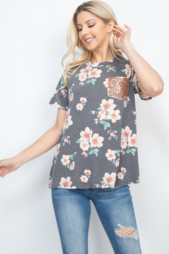 Lace Pocket Floral Print Top