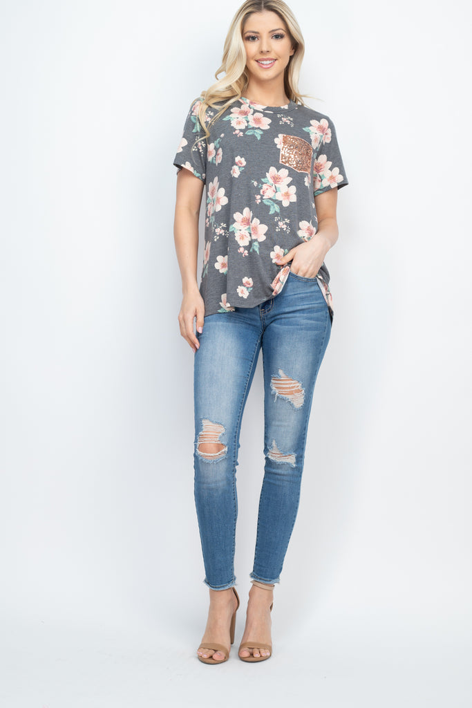 Lace Pocket Floral Print Top