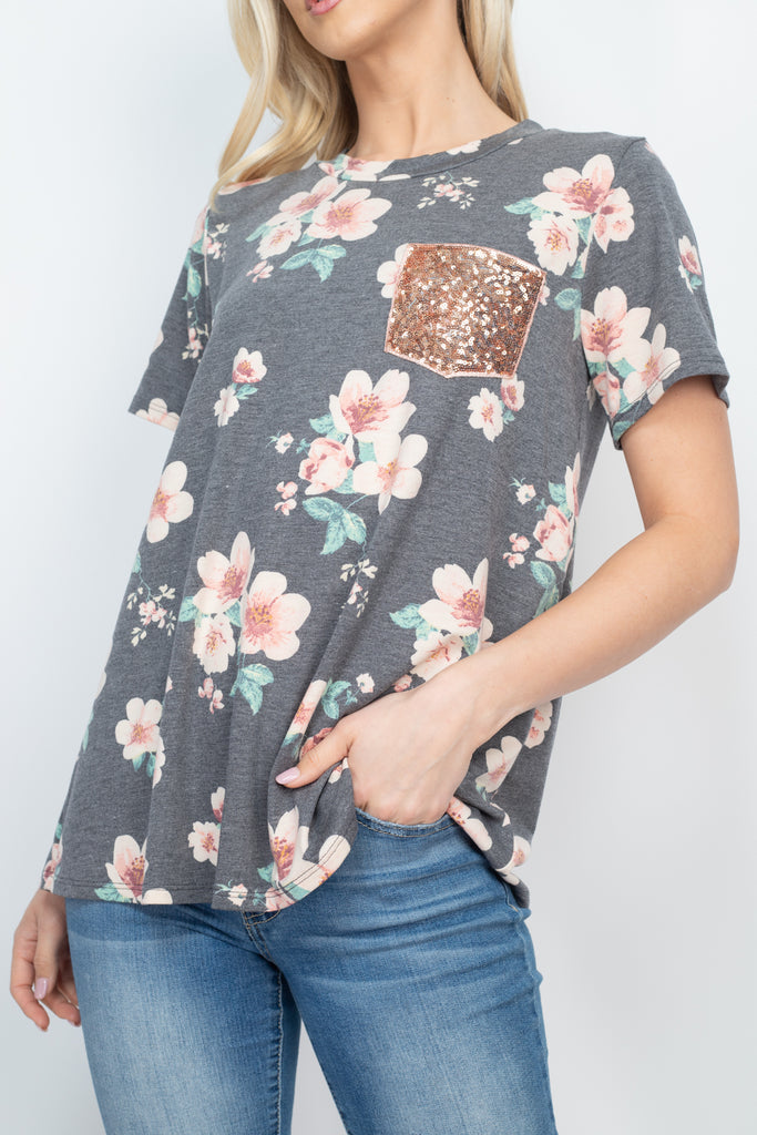 Lace Pocket Floral Print Top