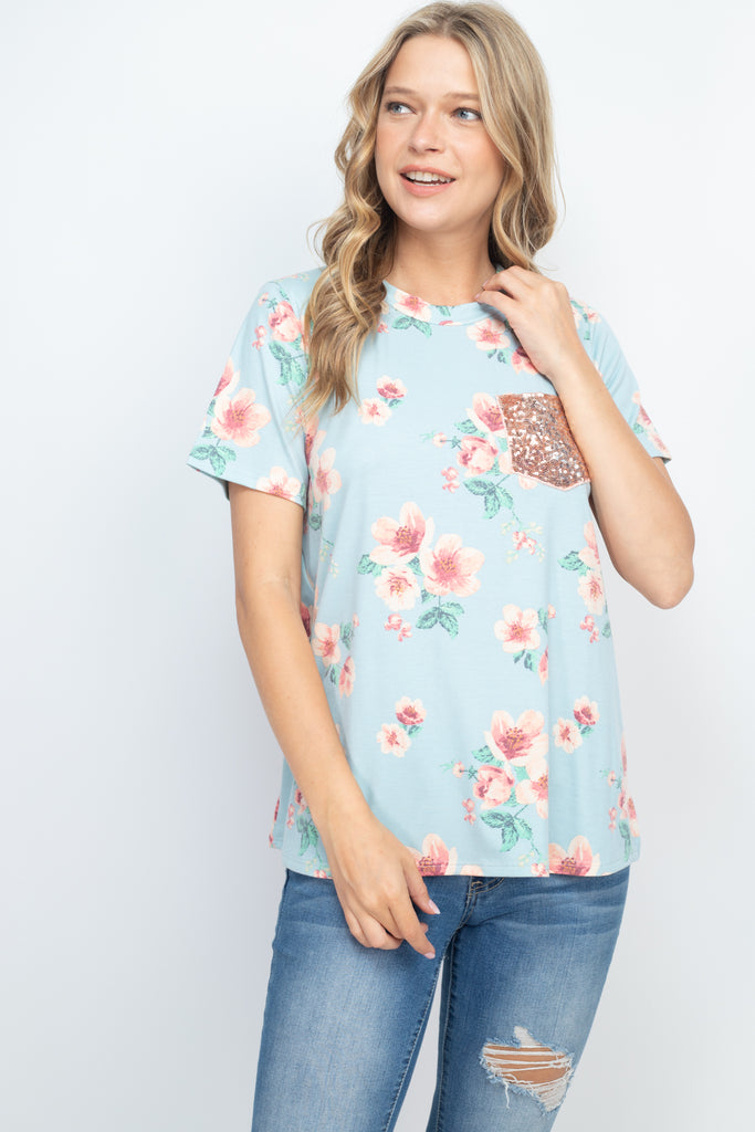 Lace Pocket Floral Print Top