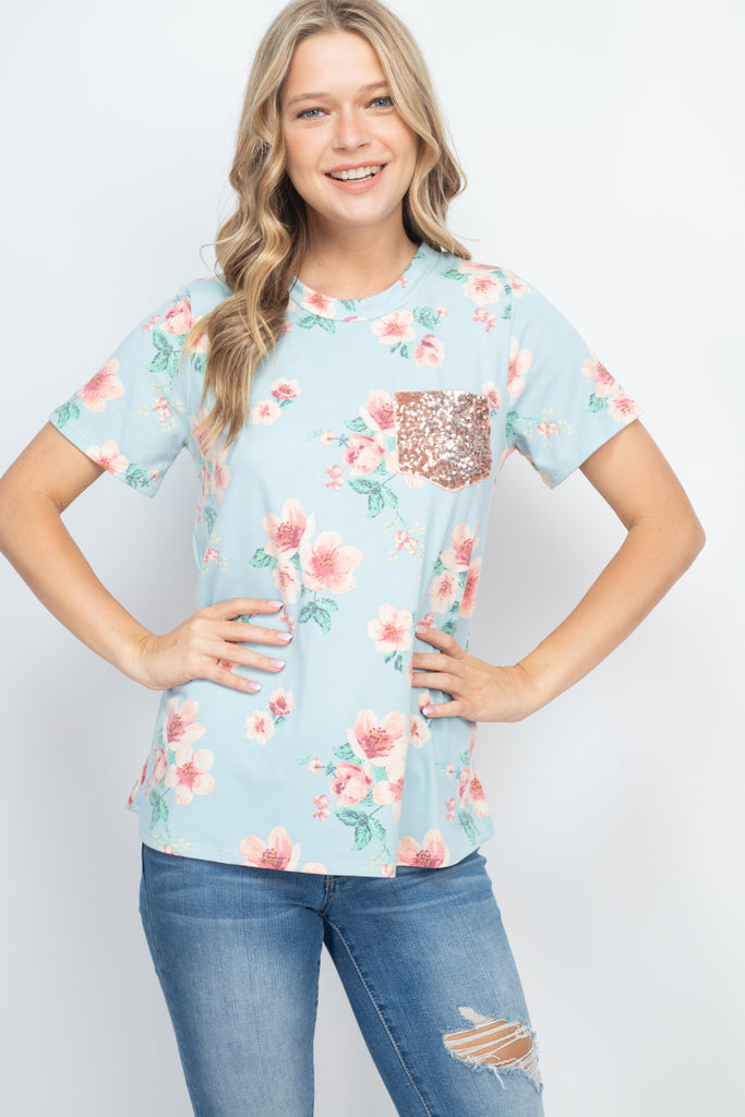 Lace Pocket Floral Print Top