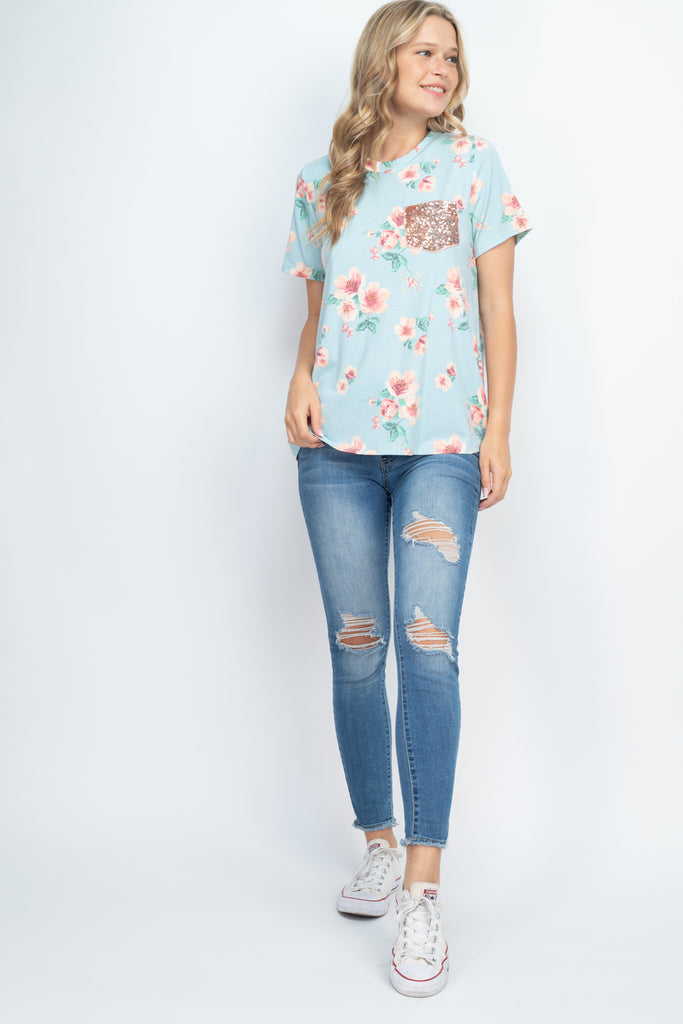 Lace Pocket Floral Print Top