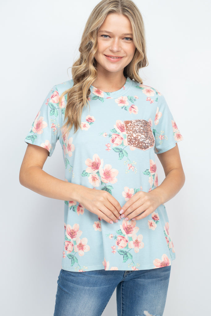 Lace Pocket Floral Print Top