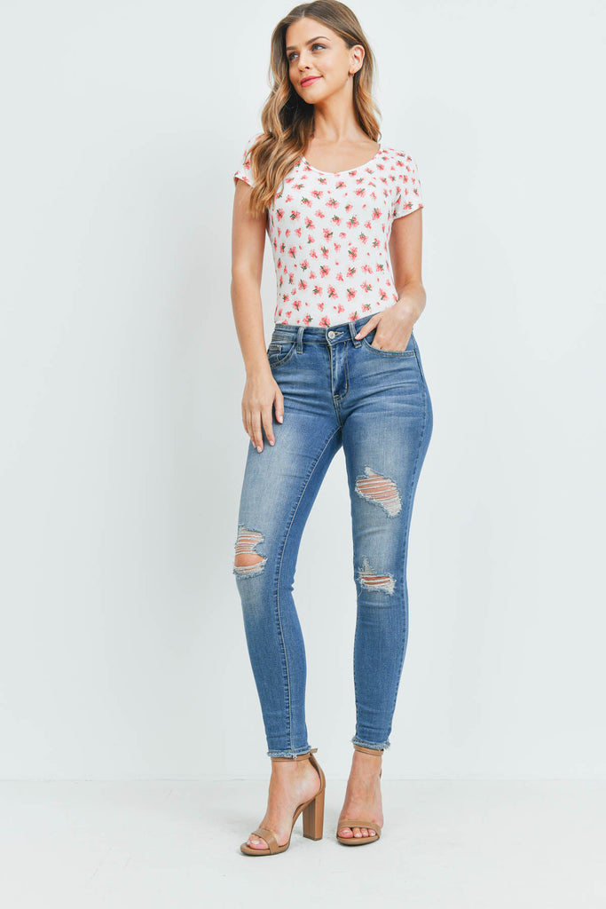 Floral Print Round Neck Bodysuit