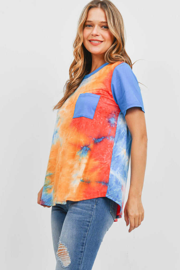 Solid Short Sleeves Tie Dye Pocket Top