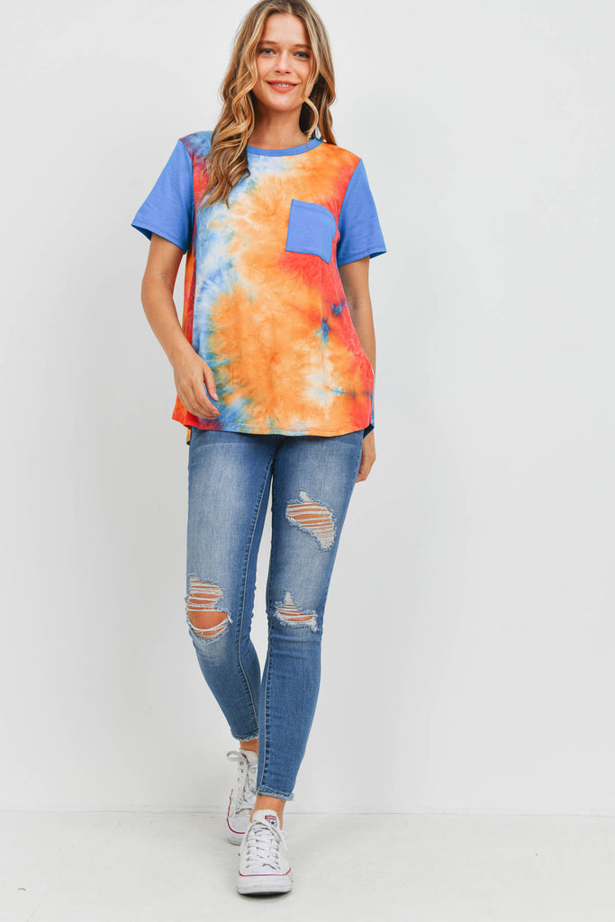 Solid Short Sleeves Tie Dye Pocket Top