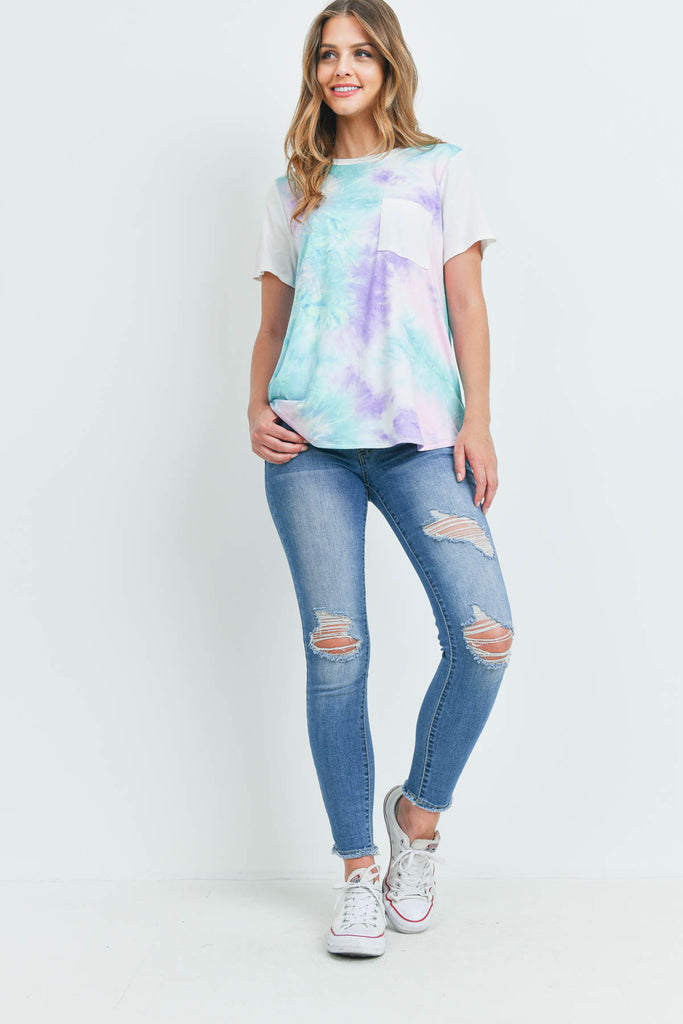 Solid Short Sleeves Tie Dye Pocket Top