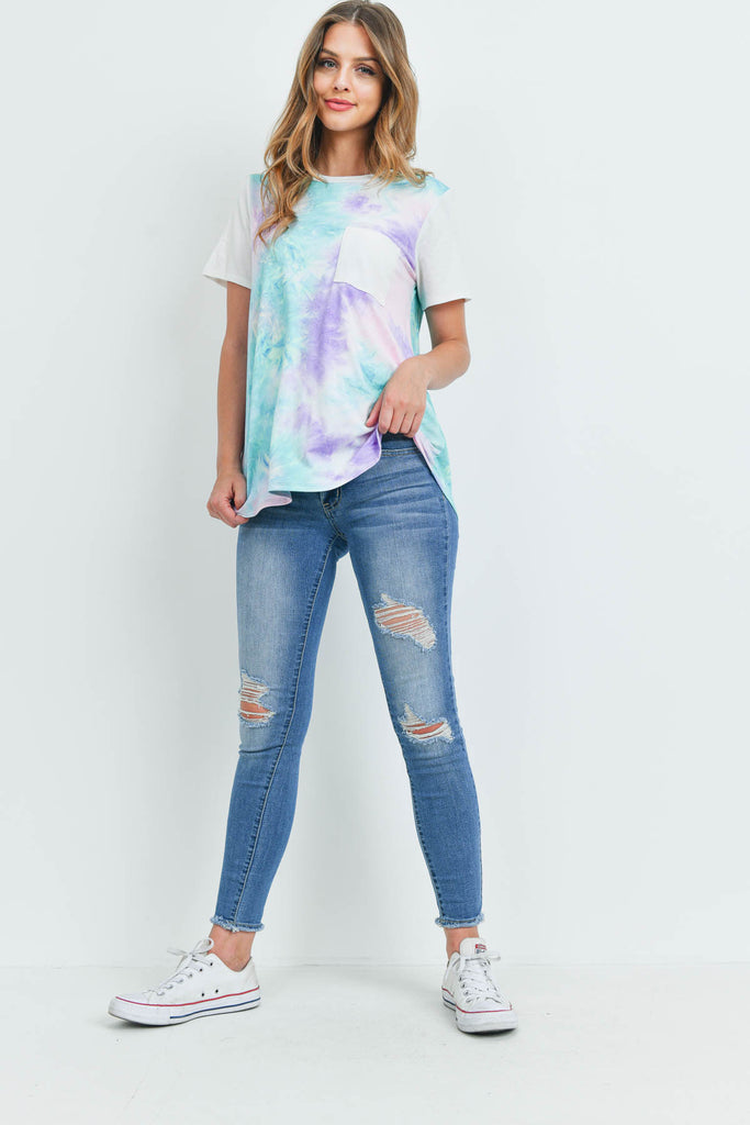 Solid Short Sleeves Tie Dye Pocket Top