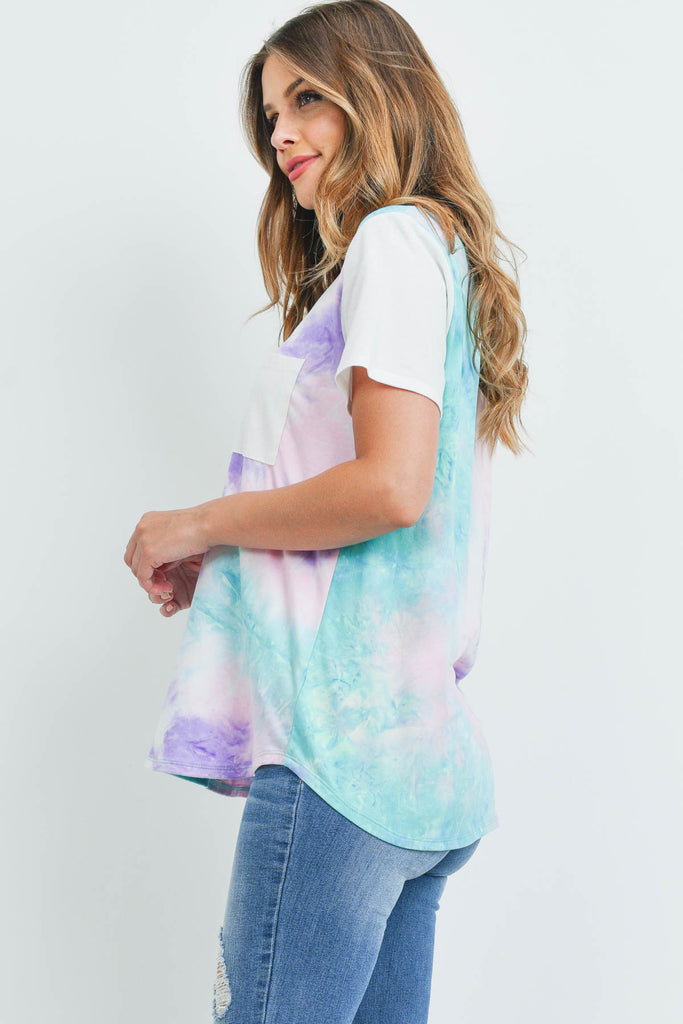 Solid Short Sleeves Tie Dye Pocket Top