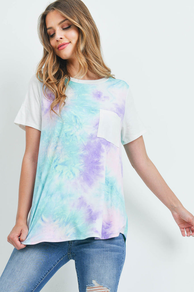 Solid Short Sleeves Tie Dye Pocket Top