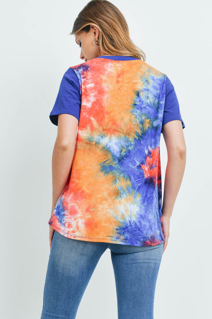 Solid Short Sleeves Tie Dye Pocket Top