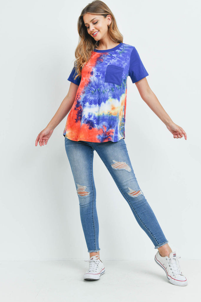 Solid Short Sleeves Tie Dye Pocket Top