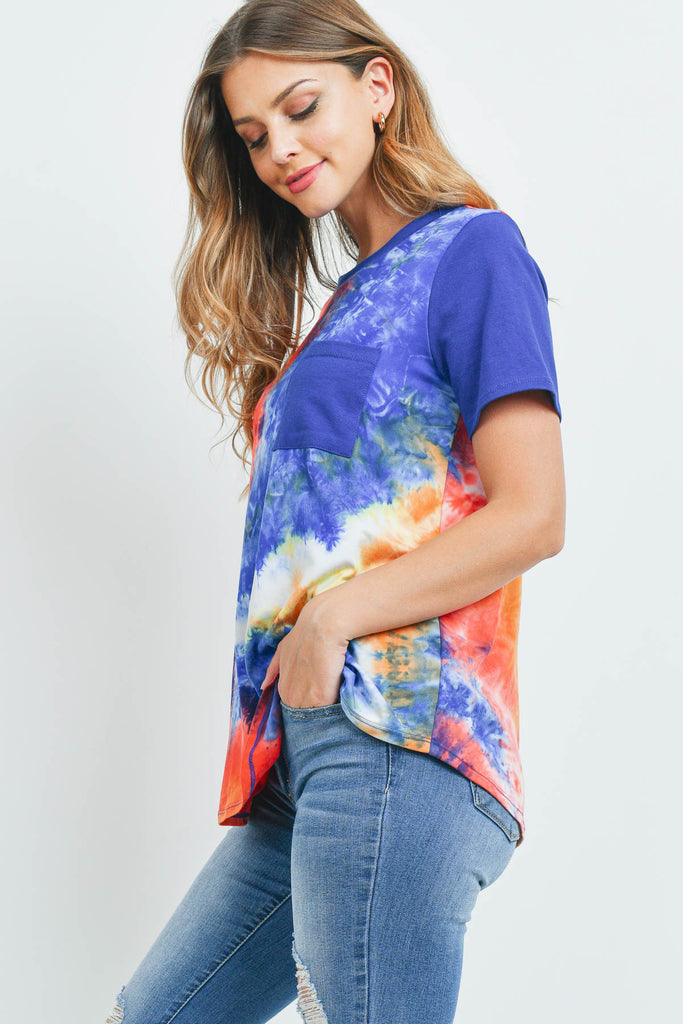 Solid Short Sleeves Tie Dye Pocket Top