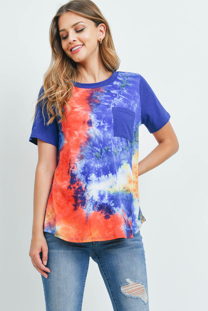 Solid Short Sleeves Tie Dye Pocket Top