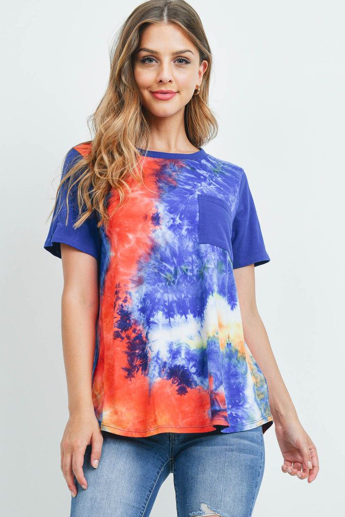 Solid Short Sleeves Tie Dye Pocket Top