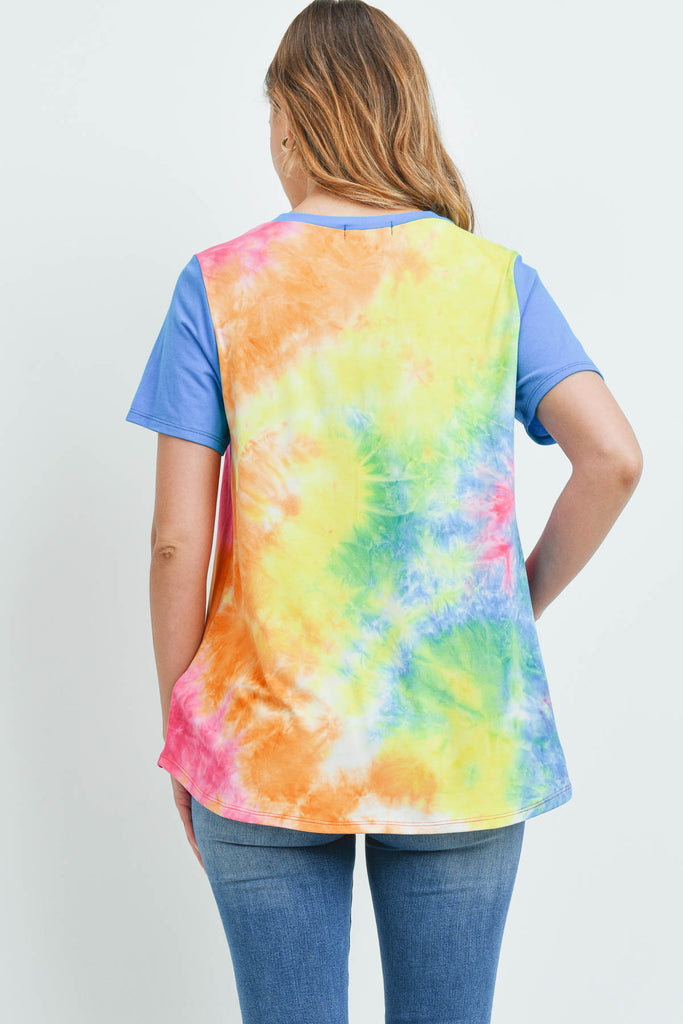 Solid Short Sleeves Tie Dye Pocket Top