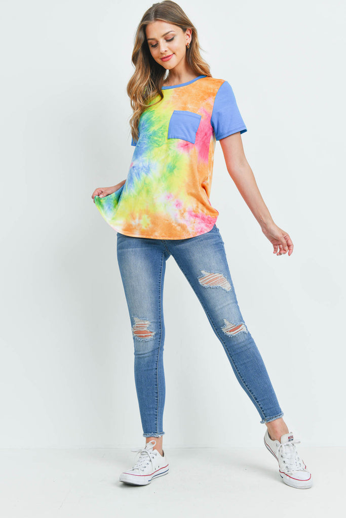 Solid Short Sleeves Tie Dye Pocket Top