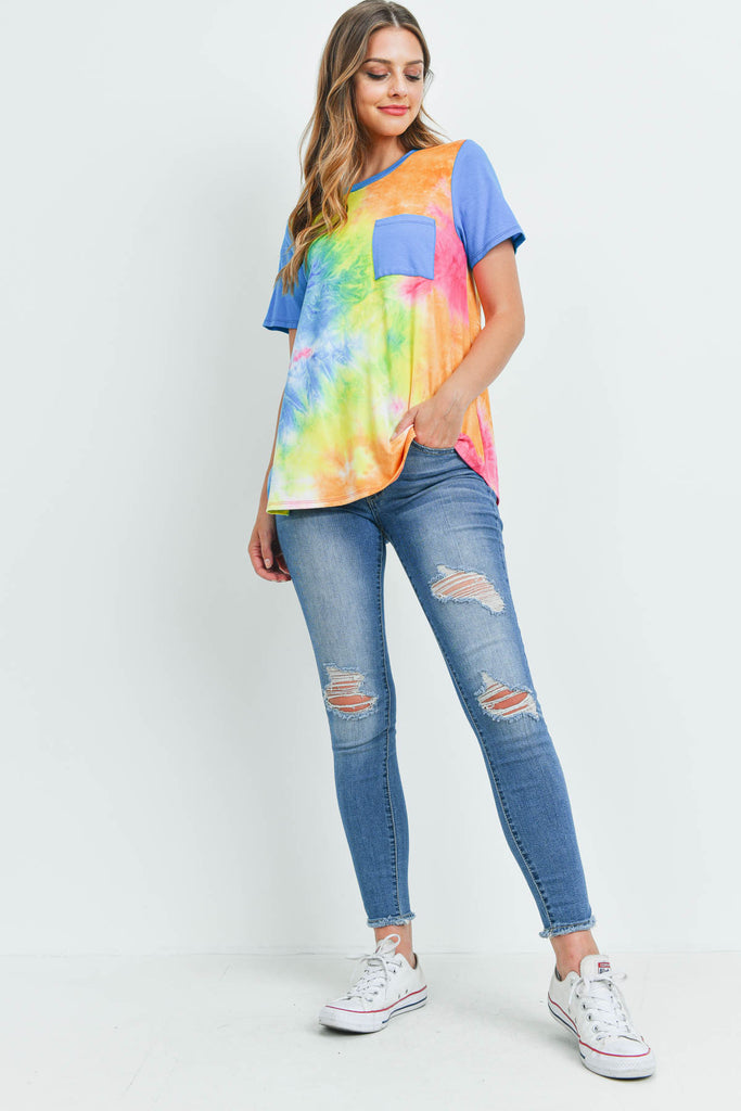 Solid Short Sleeves Tie Dye Pocket Top