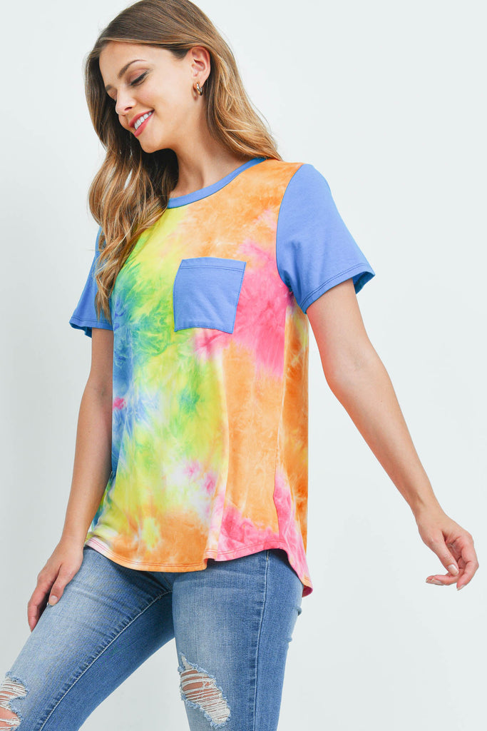 Solid Short Sleeves Tie Dye Pocket Top