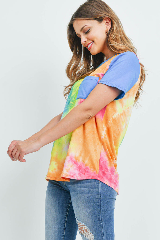 Solid Short Sleeves Tie Dye Pocket Top