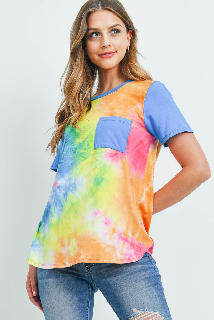 Solid Short Sleeves Tie Dye Pocket Top