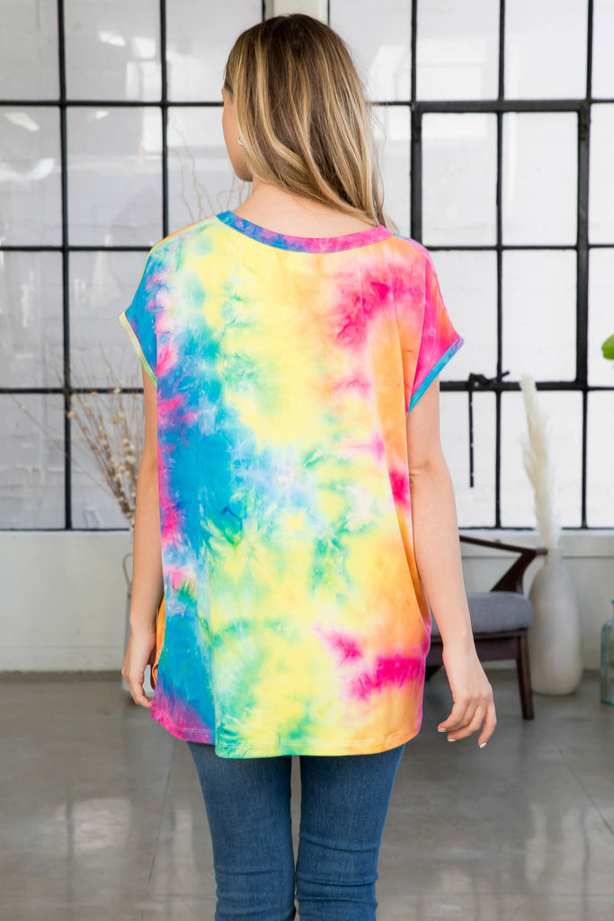 Round Neck Tie Dye Loose Pocket Top