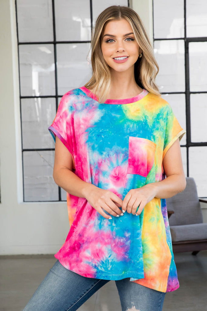 Round Neck Tie Dye Loose Pocket Top