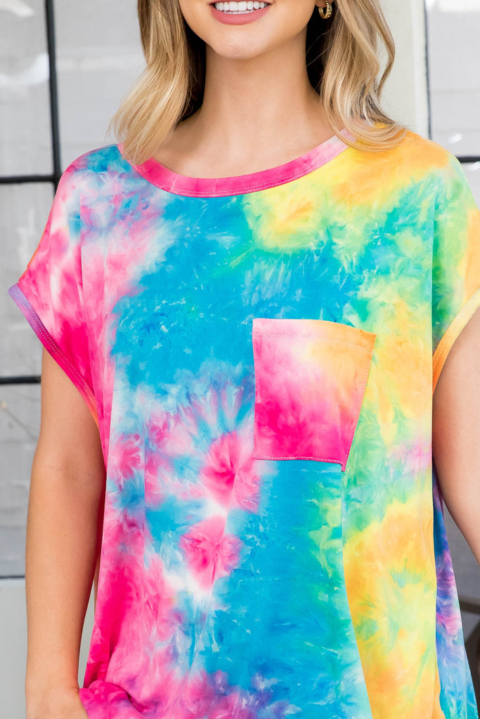 Round Neck Tie Dye Loose Pocket Top