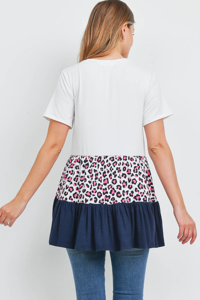 Leopard Tiered Ruffle Print Contrast Top