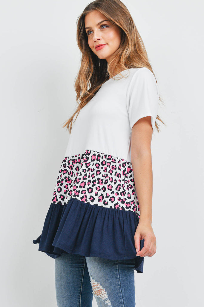 Leopard Tiered Ruffle Print Contrast Top