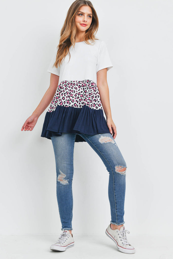 Leopard Tiered Ruffle Print Contrast Top