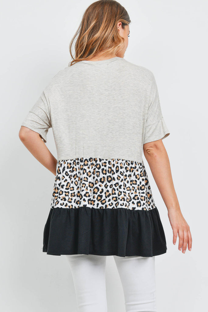 Leopard Tiered Ruffle Print Contrast Top