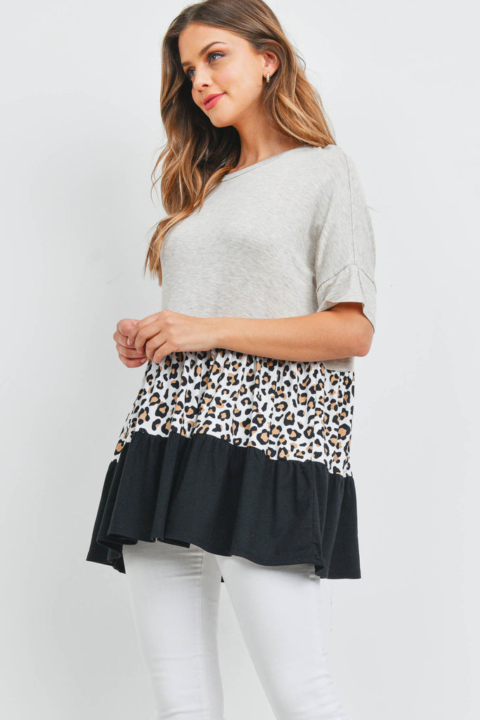 Leopard Tiered Ruffle Print Contrast Top