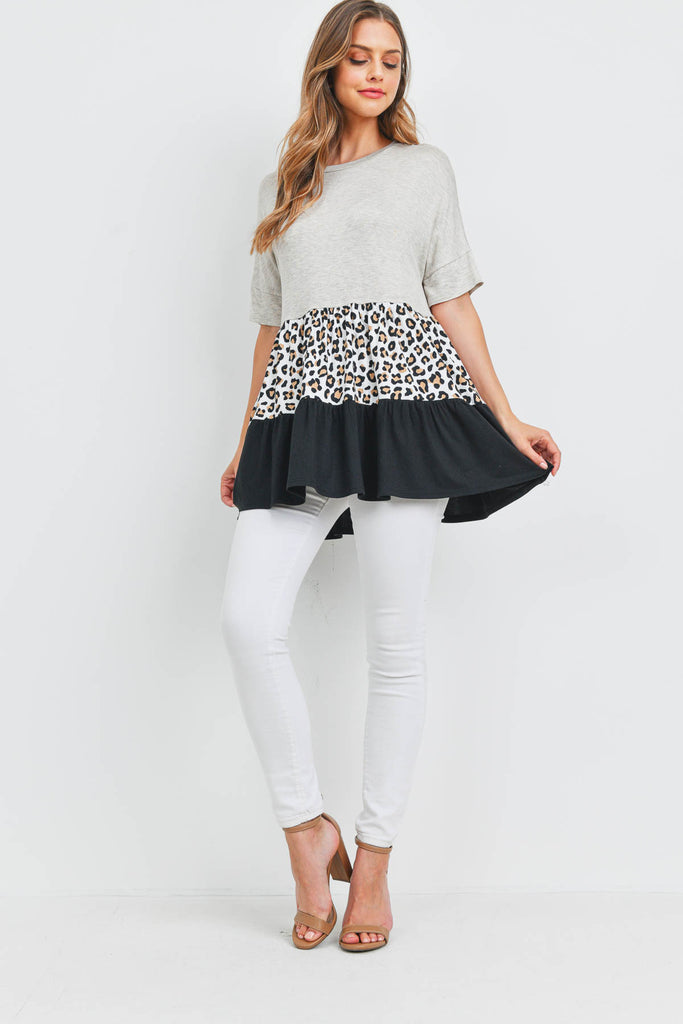 Leopard Tiered Ruffle Print Contrast Top