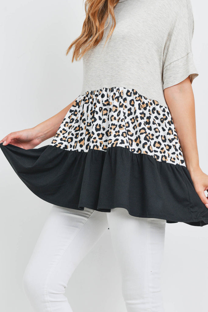 Leopard Tiered Ruffle Print Contrast Top