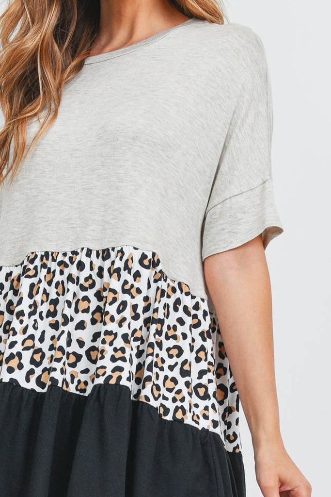 Leopard Tiered Ruffle Print Contrast Top