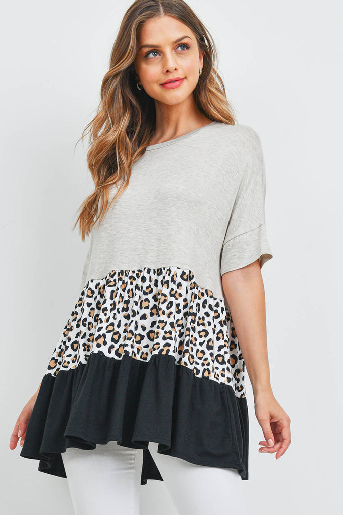 Leopard Tiered Ruffle Print Contrast Top