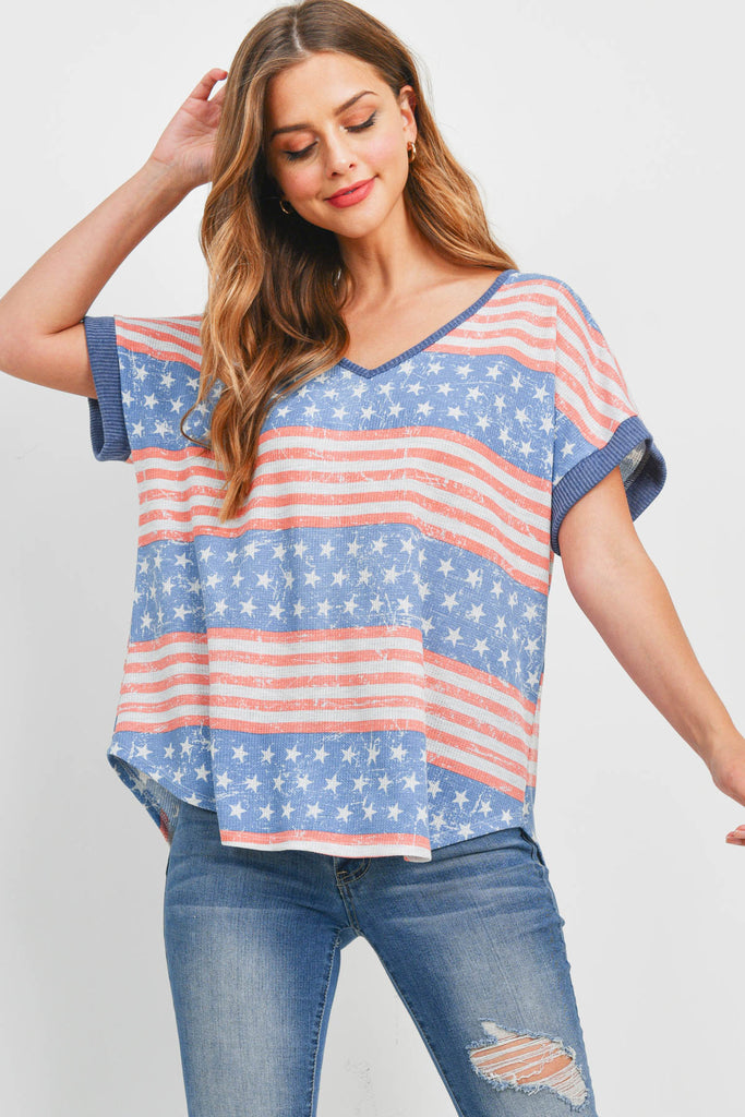 Rib Neck and Sleeve Band American Flag Top