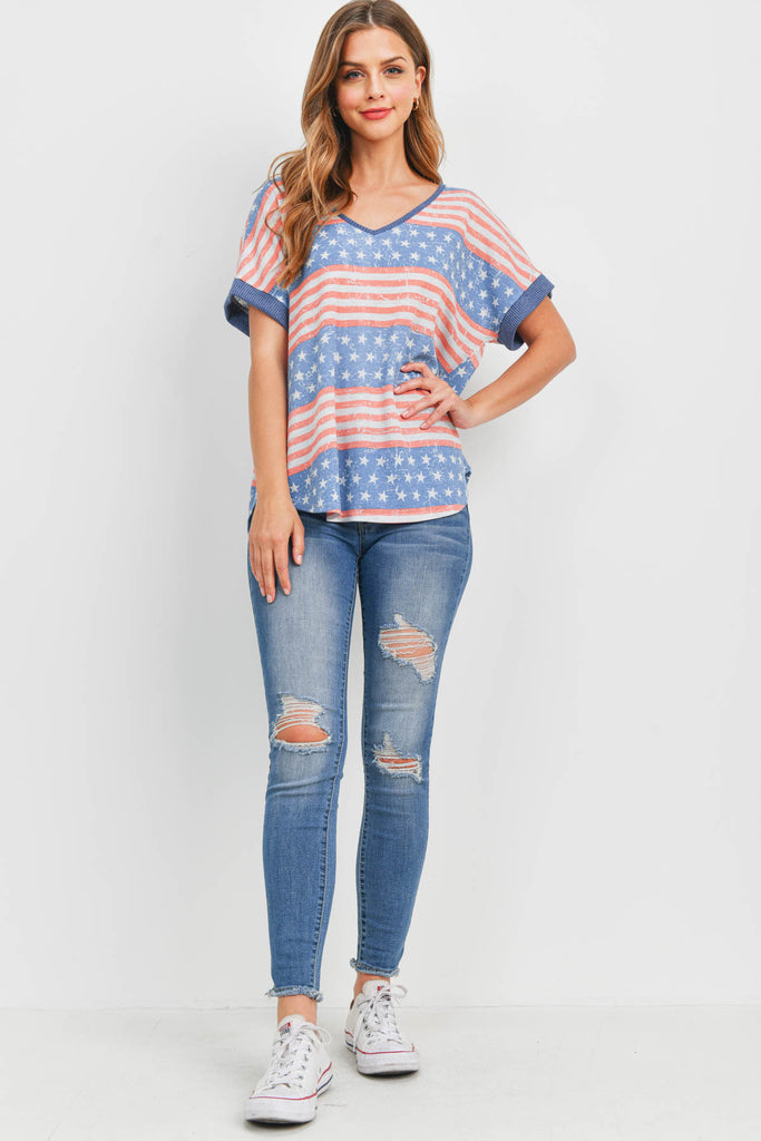Rib Neck and Sleeve Band American Flag Top