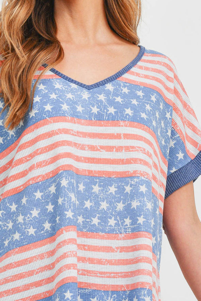Rib Neck and Sleeve Band American Flag Top