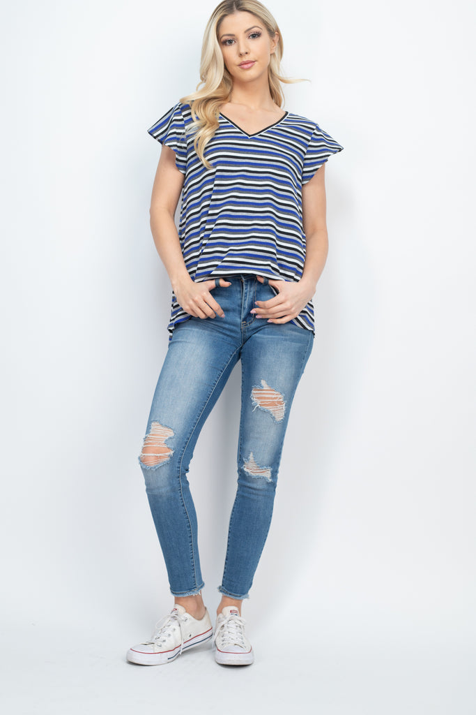Multi-Color Stripe Flutter Sleeve Top