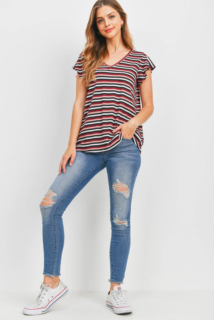 Multi-Color Stripe Flutter Sleeve Top