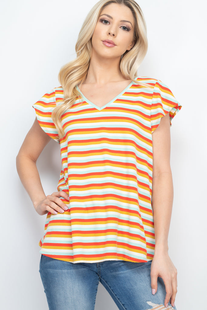 Multi-Color Stripe Flutter Sleeve Top