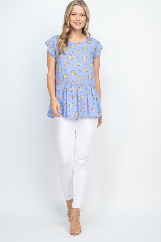 Floral Print Challis Dobby Ruffle Hem Top