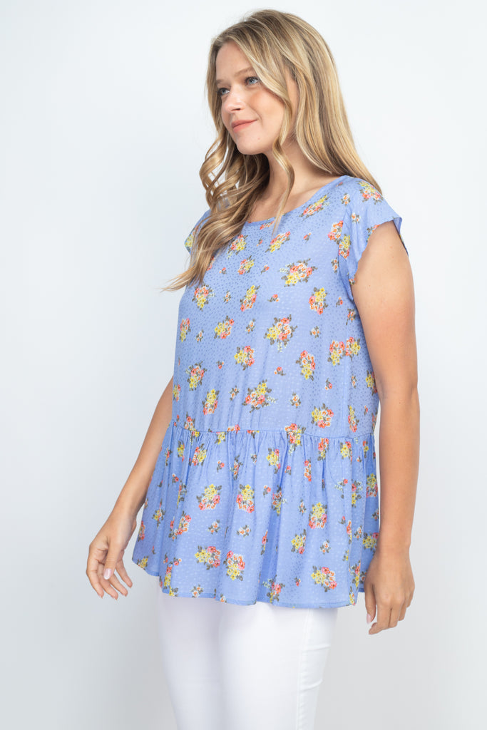 Floral Print Challis Dobby Ruffle Hem Top
