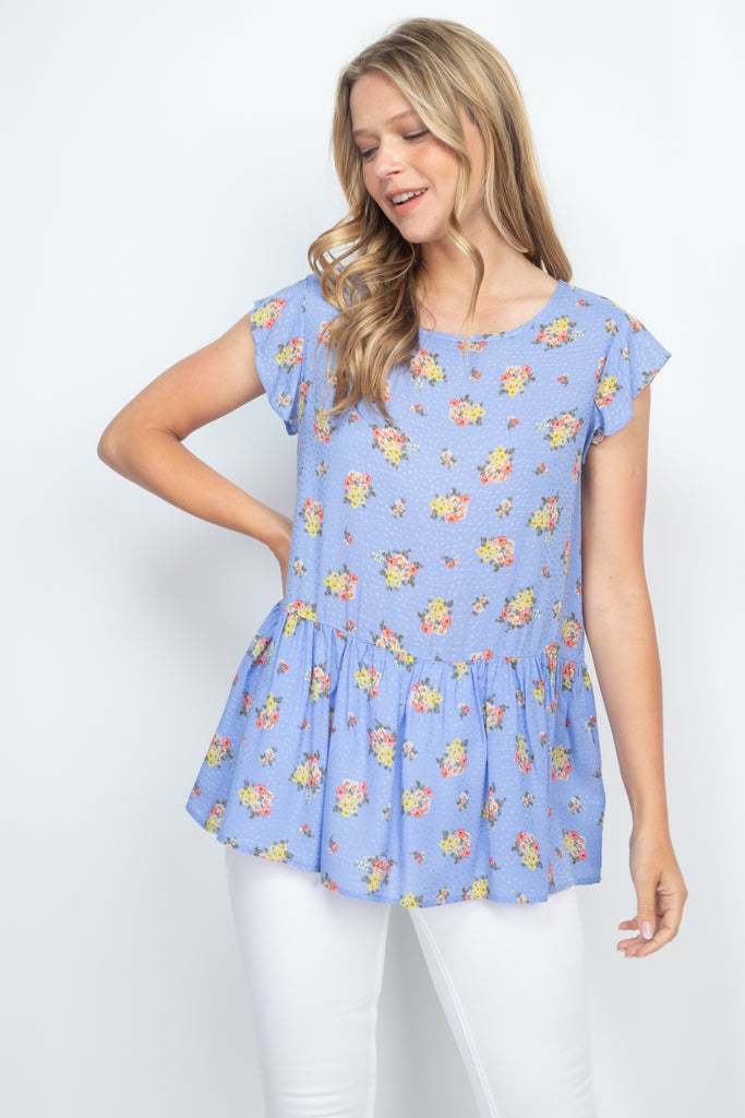 Floral Print Challis Dobby Ruffle Hem Top