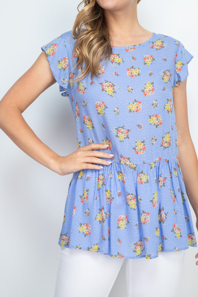 Floral Print Challis Dobby Ruffle Hem Top