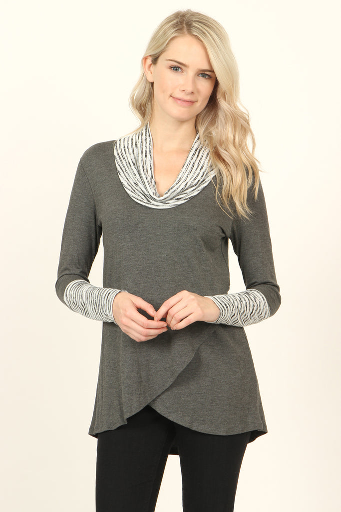 Striped Cowl Neck Overlap Tunic