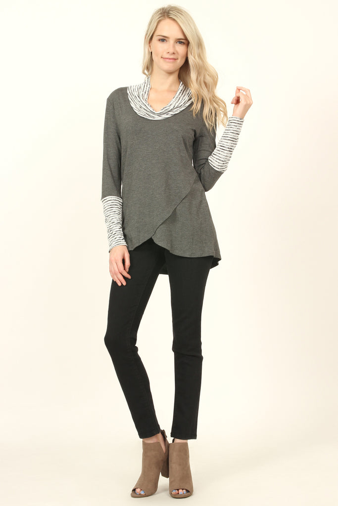 Striped Cowl Neck Overlap Tunic